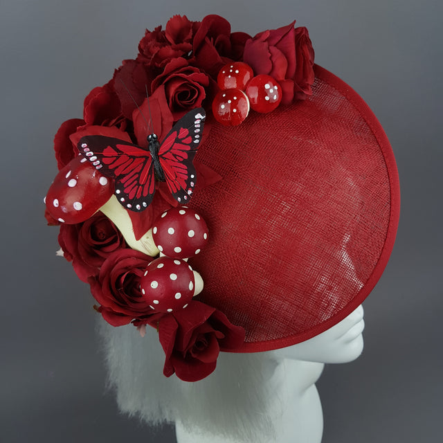 "Ellette" Red Rose Butterfly Floral Mushroom Hat Fascinator