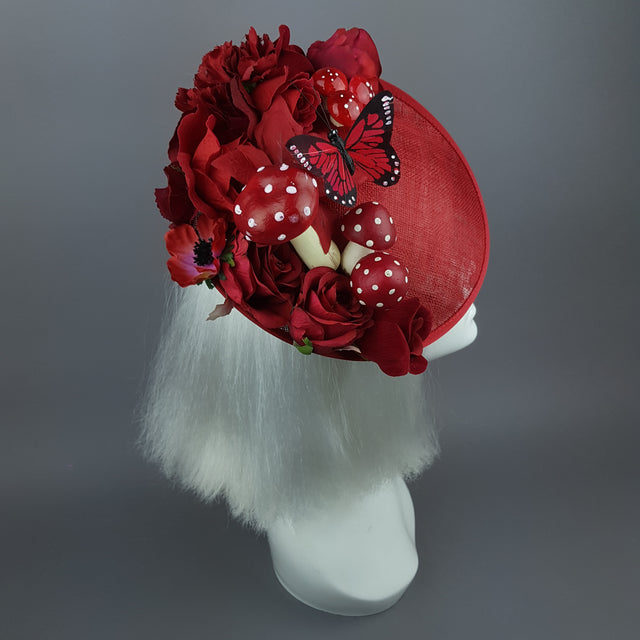 "Ellette" Red Rose Butterfly Floral Mushroom Hat Fascinator