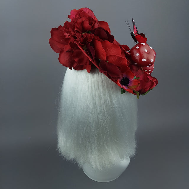 "Ellette" Red Rose Butterfly Floral Mushroom Hat Fascinator