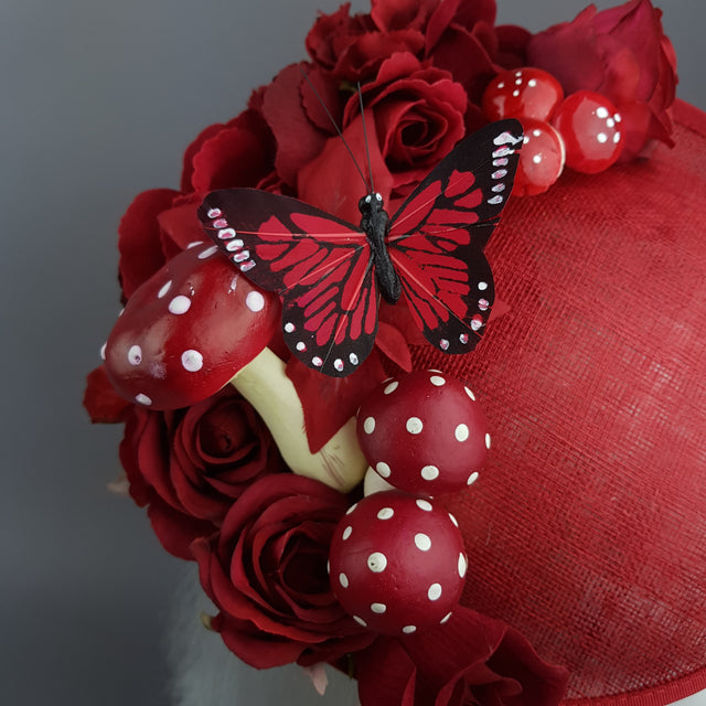 "Ellette" Red Rose Butterfly Floral Mushroom Hat Fascinator