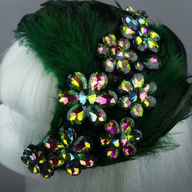 "Plume in Green" Vintage Inspired Feather Jewel Fascinator Hat