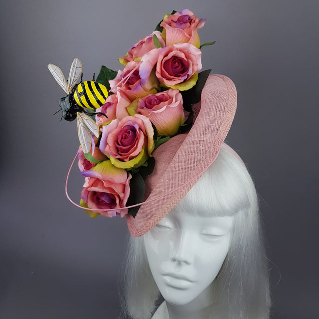 "Nevaeh" Pink Rosebuds Flower & Bee Fascinator Hat