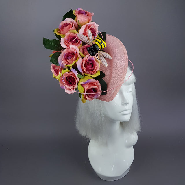 "Nevaeh" Pink Rosebuds Flower & Bee Fascinator Hat