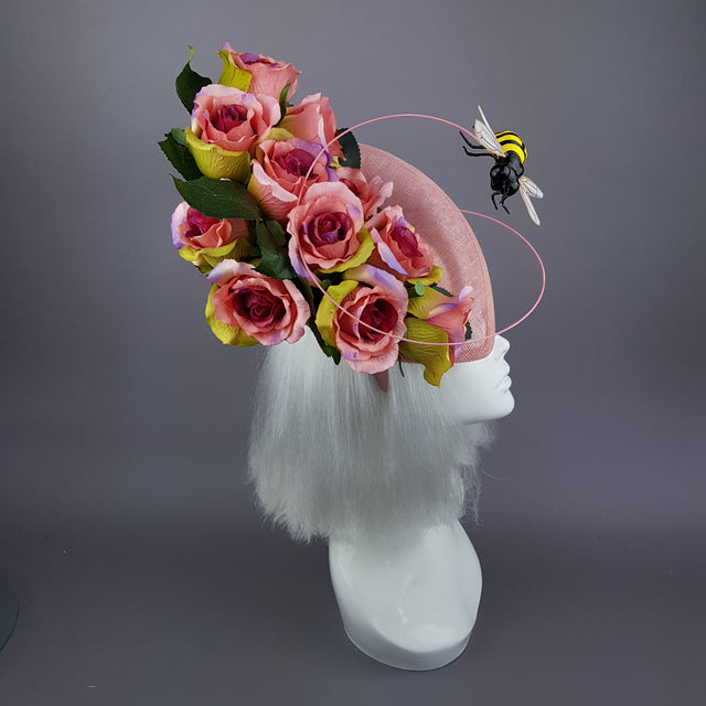"Nevaeh" Pink Rosebuds Flower & Bee Fascinator Hat