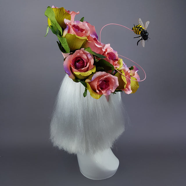 "Nevaeh" Pink Rosebuds Flower & Bee Fascinator Hat