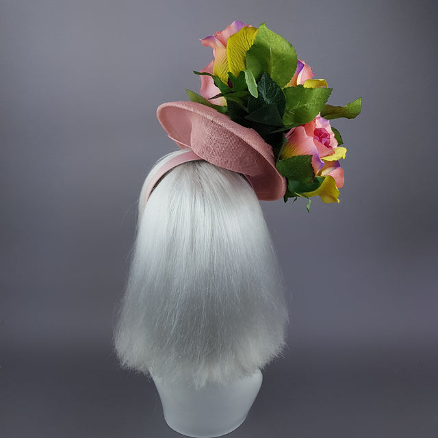 "Nevaeh" Pink Rosebuds Flower & Bee Fascinator Hat