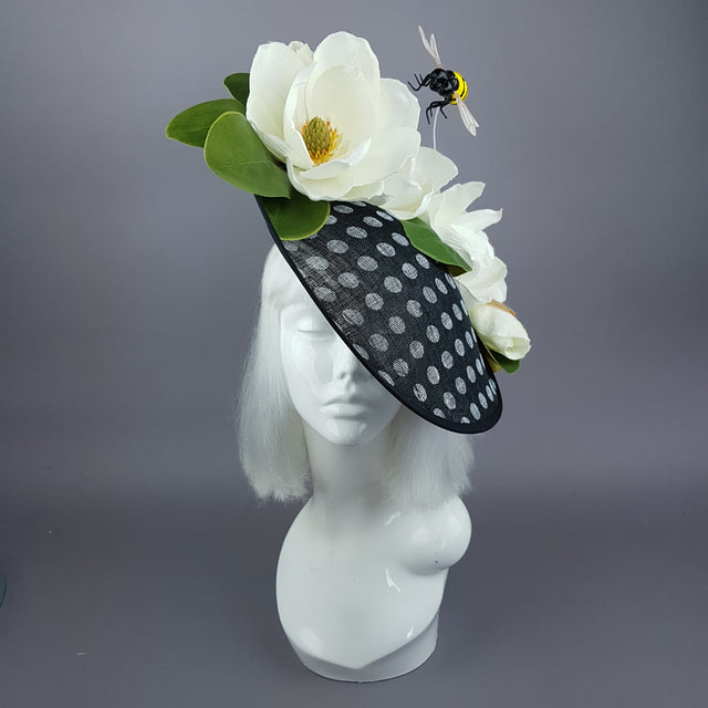 "Nissa" Large Ivory Magnolia Flower & Bee Polka Dot Hat