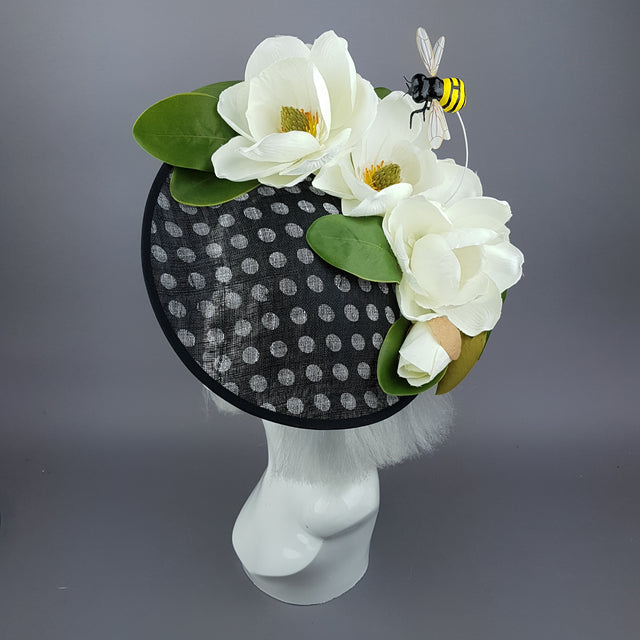 "Nissa" Large Ivory Magnolia Flower & Bee Polka Dot Hat