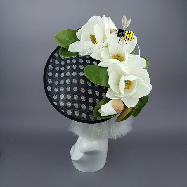 "Nissa" Large Ivory Magnolia Flower & Bee Polka Dot Hat