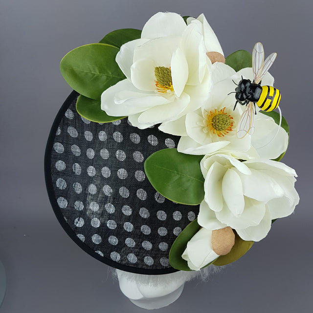 "Nissa" Large Ivory Magnolia Flower & Bee Polka Dot Hat