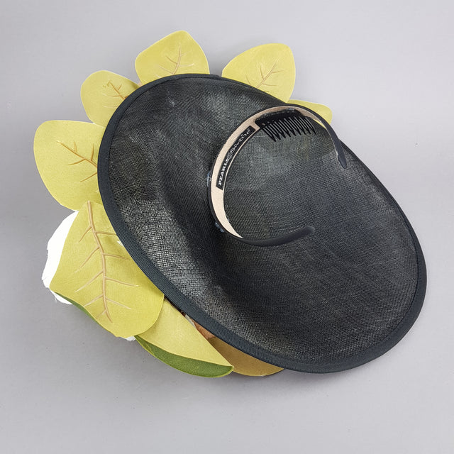 "Nissa" Large Ivory Magnolia Flower & Bee Polka Dot Hat