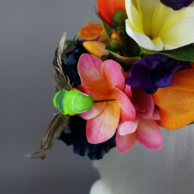 "Asteria" Colourful Tropical Flower & Hummingbird Fascinator Hat