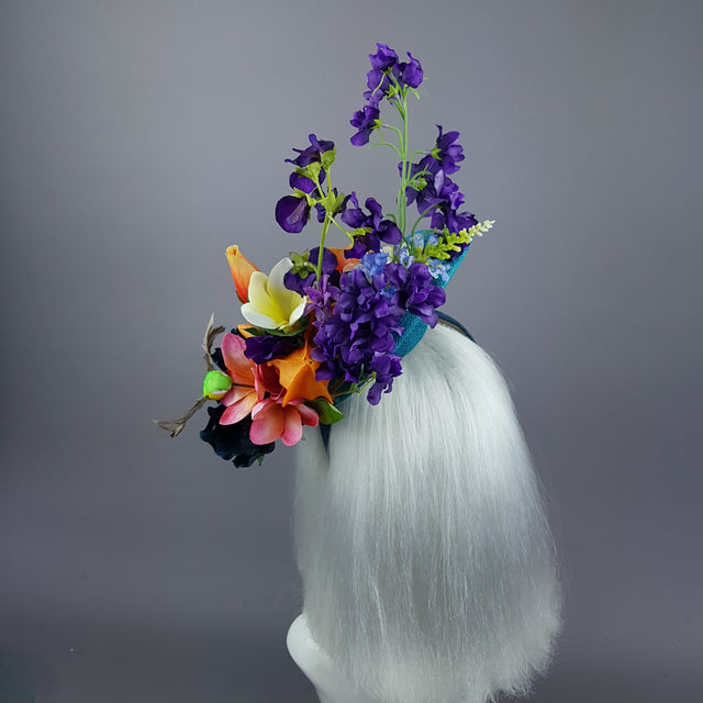"Asteria" Colourful Tropical Flower & Hummingbird Fascinator Hat