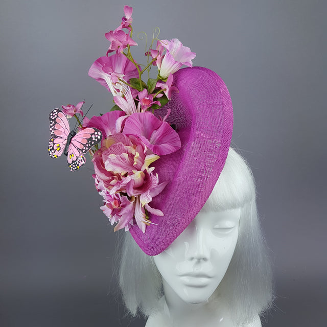 "Cyrena" Pink Tropical Flowers & Butterfly Fascinator Hat
