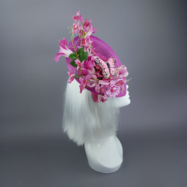 "Cyrena" Pink Tropical Flowers & Butterfly Fascinator Hat