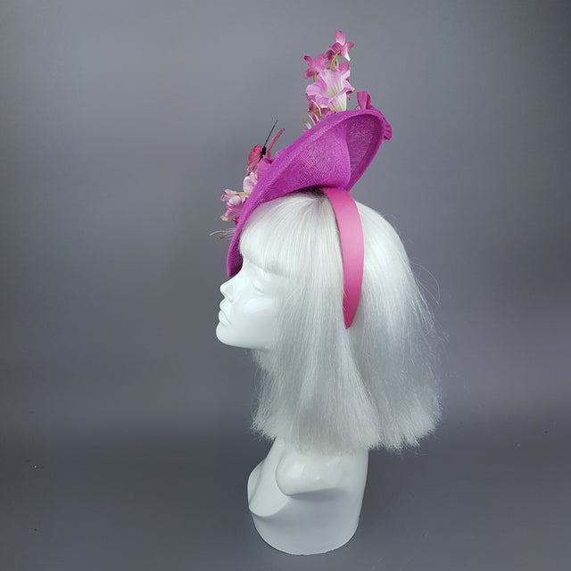 "Cyrena" Pink Tropical Flowers & Butterfly Fascinator Hat