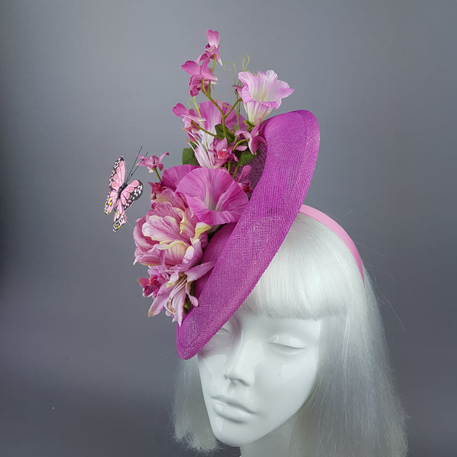 "Cyrena" Pink Tropical Flowers & Butterfly Fascinator Hat