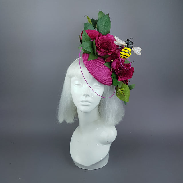 "Ruby Tuesday" Pink Rose Flowers & Bee Fascinator Hat