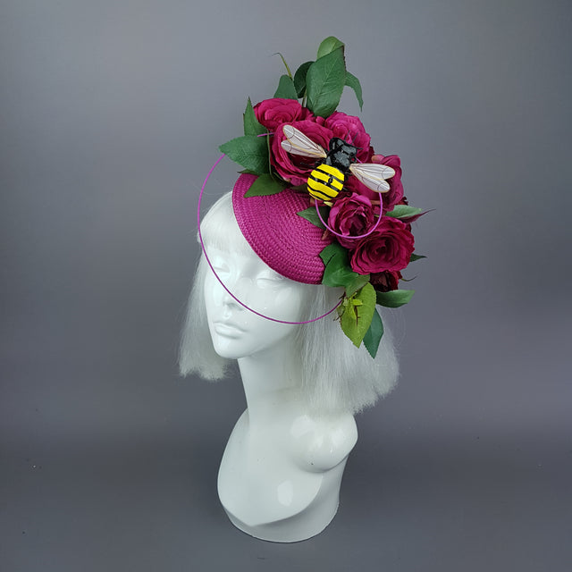 "Ruby Tuesday" Pink Rose Flowers & Bee Fascinator Hat