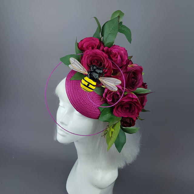 "Ruby Tuesday" Pink Rose Flowers & Bee Fascinator Hat