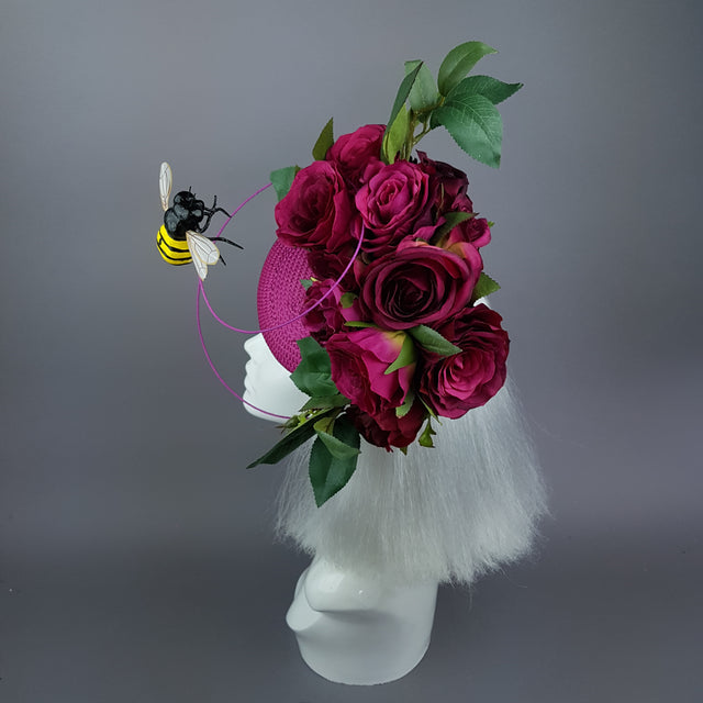 "Ruby Tuesday" Pink Rose Flowers & Bee Fascinator Hat