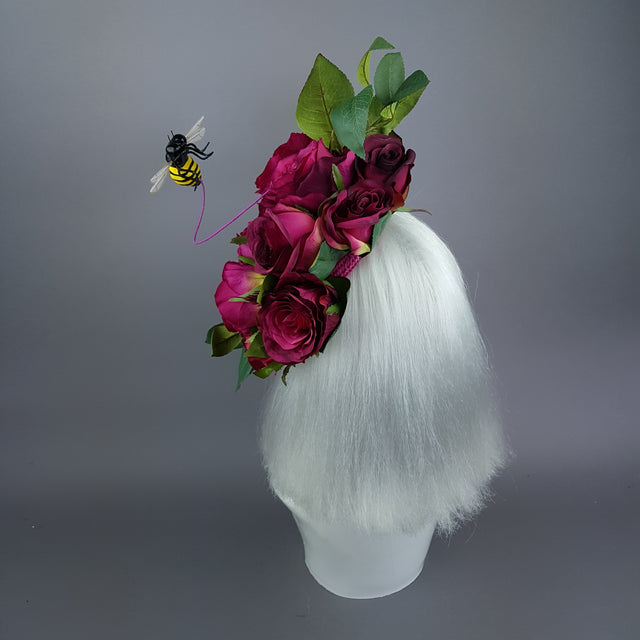 "Ruby Tuesday" Pink Rose Flowers & Bee Fascinator Hat