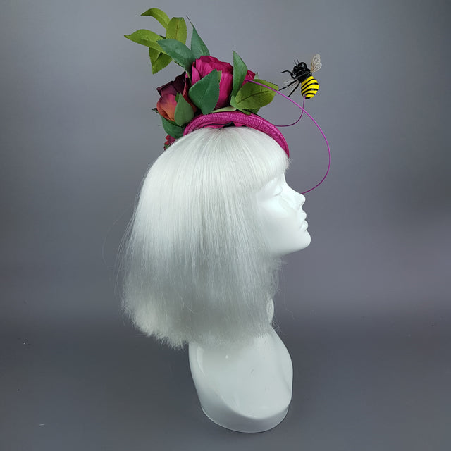 "Ruby Tuesday" Pink Rose Flowers & Bee Fascinator Hat