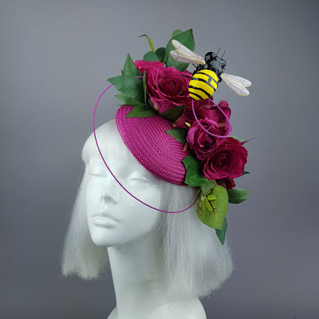 "Ruby Tuesday" Pink Rose Flowers & Bee Fascinator Hat