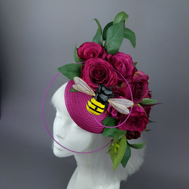 "Ruby Tuesday" Pink Rose Flowers & Bee Fascinator Hat