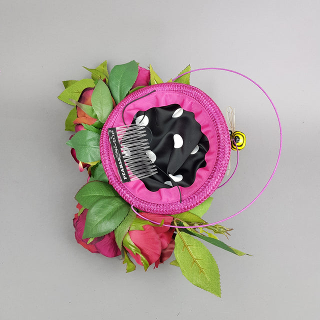 "Ruby Tuesday" Pink Rose Flowers & Bee Fascinator Hat