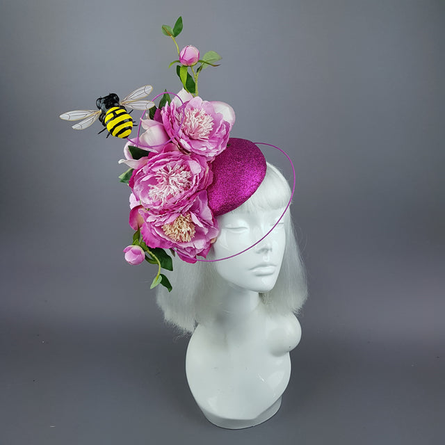 "Eglantine" Pink Glitter Rose & Bee Fascinator