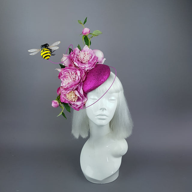 "Eglantine" Pink Glitter Rose & Bee Fascinator