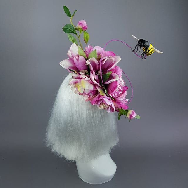 "Eglantine" Pink Glitter Rose & Bee Fascinator