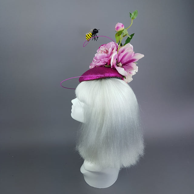 "Eglantine" Pink Glitter Rose & Bee Fascinator