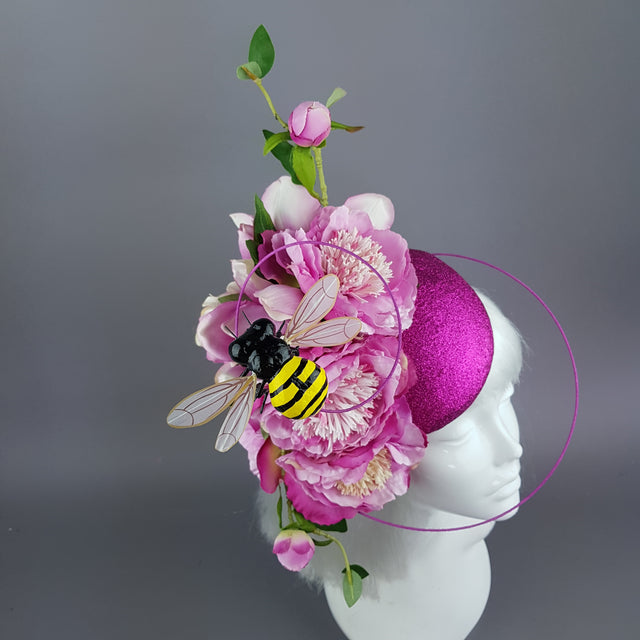"Eglantine" Pink Glitter Rose & Bee Fascinator