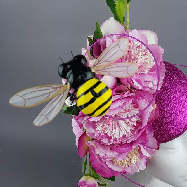 "Eglantine" Pink Glitter Rose & Bee Fascinator
