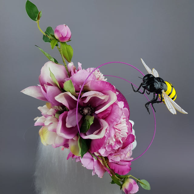 "Eglantine" Pink Glitter Rose & Bee Fascinator
