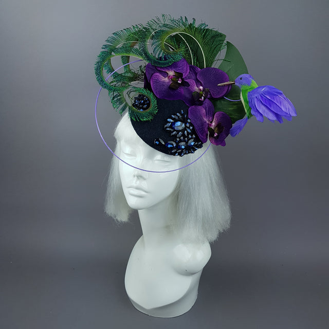 "Maraja" Purple Orchid, Deep Blue Jewels, Peacock Feathers & Hummingbird Fascinator Hat