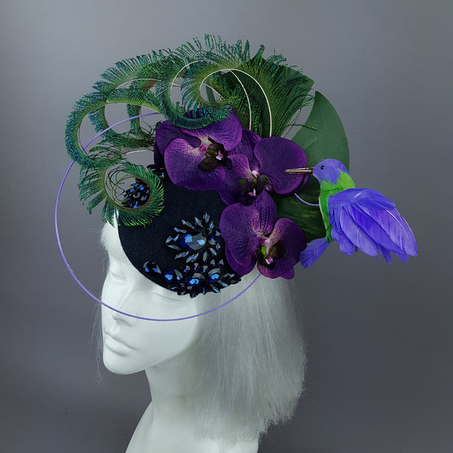 "Maraja" Purple Orchid, Deep Blue Jewels, Peacock Feathers & Hummingbird Fascinator Hat