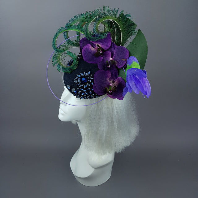 "Maraja" Purple Orchid, Deep Blue Jewels, Peacock Feathers & Hummingbird Fascinator Hat