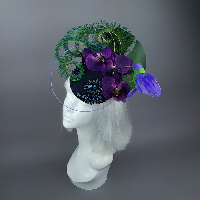 "Maraja" Purple Orchid, Deep Blue Jewels, Peacock Feathers & Hummingbird Fascinator Hat