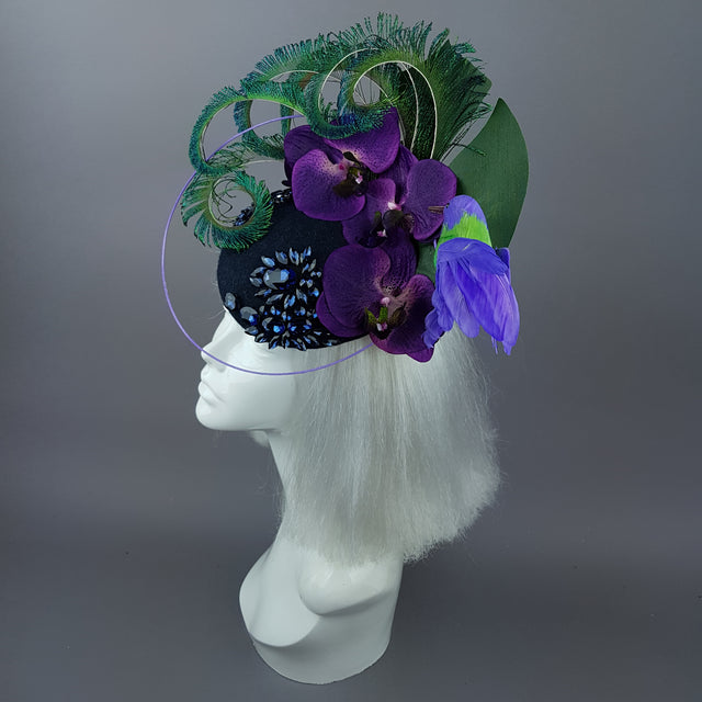 "Maraja" Purple Orchid, Deep Blue Jewels, Peacock Feathers & Hummingbird Fascinator Hat