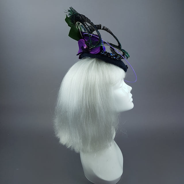 "Maraja" Purple Orchid, Deep Blue Jewels, Peacock Feathers & Hummingbird Fascinator Hat
