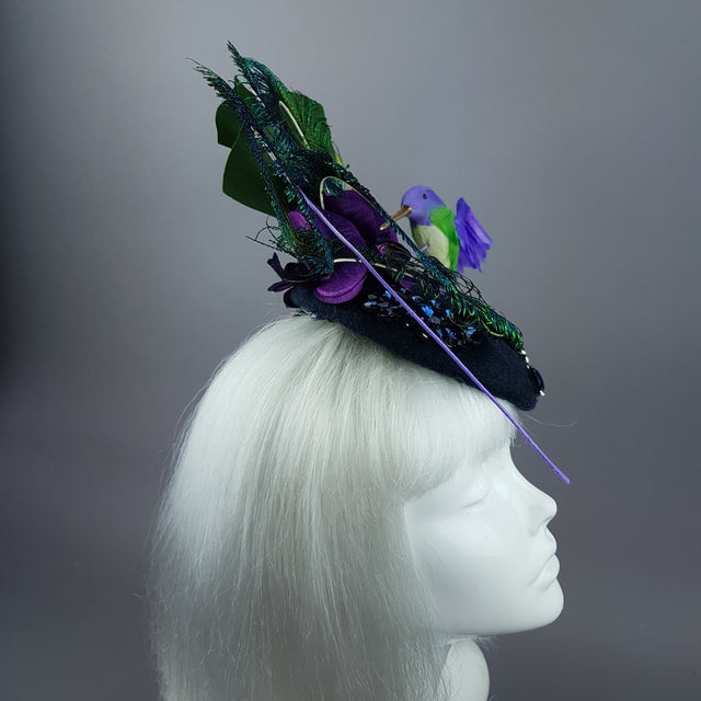 "Maraja" Purple Orchid, Deep Blue Jewels, Peacock Feathers & Hummingbird Fascinator Hat