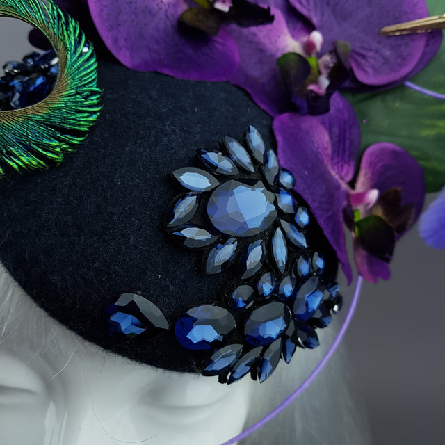 "Maraja" Purple Orchid, Deep Blue Jewels, Peacock Feathers & Hummingbird Fascinator Hat