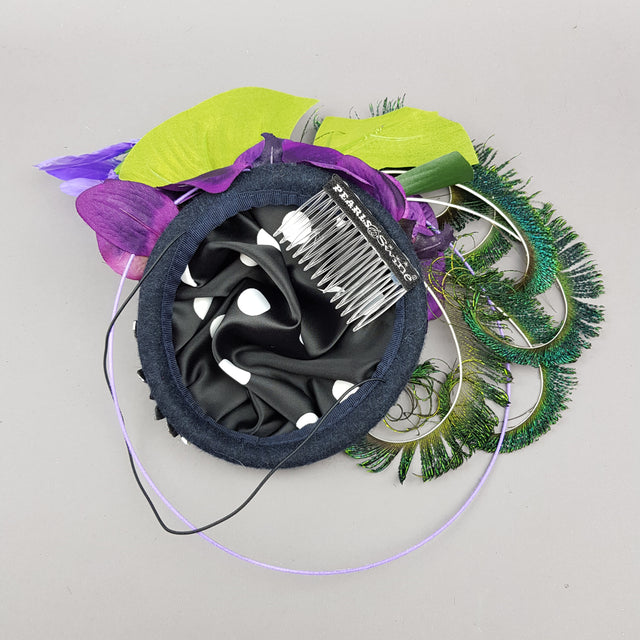 "Maraja" Purple Orchid, Deep Blue Jewels, Peacock Feathers & Hummingbird Fascinator Hat