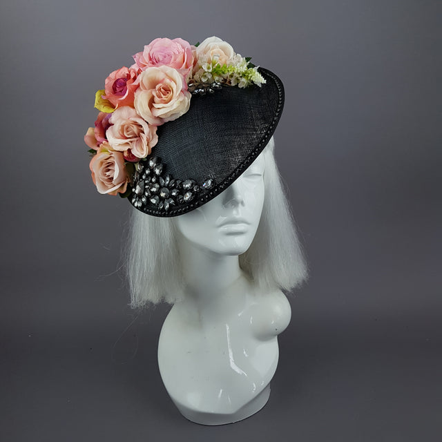 "Rougit" Pink Roses Black Fascinator Hat With Jewels