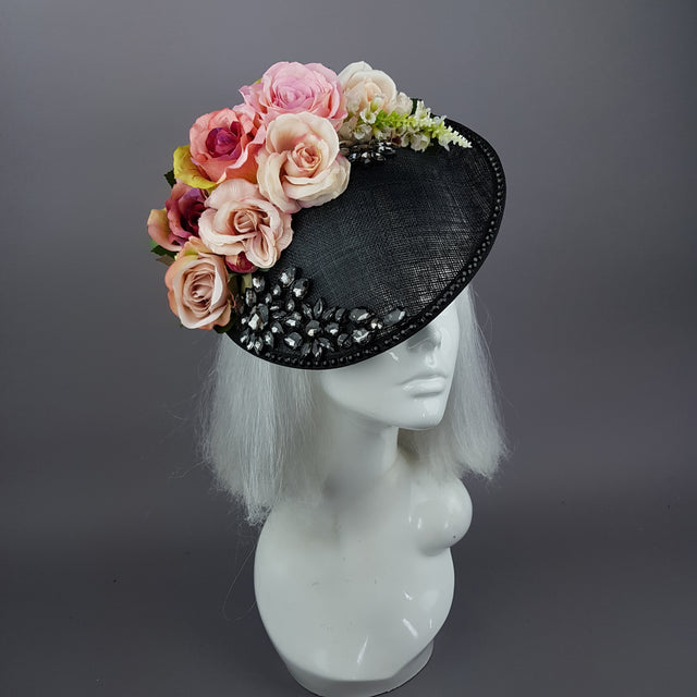 "Rougit" Pink Roses Black Fascinator Hat With Jewels