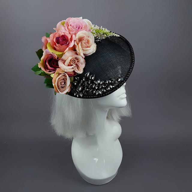 "Rougit" Pink Roses Black Fascinator Hat With Jewels