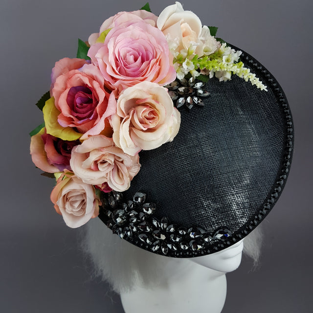 "Rougit" Pink Roses Black Fascinator Hat With Jewels
